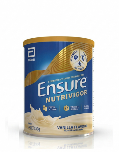 Ensure NutriVigor Vanilla Flavour 850g protein and HMB nutritional shake powder can by Abbott