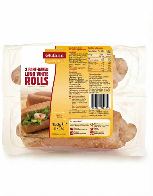 Glutafin Gluten Free Part-Baked 2 Long White Rolls