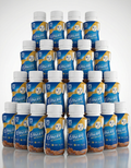 Multiple bottles of Ensure nutritional supplement arranged in a pyramid formation on a white background