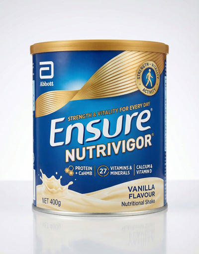 Ensure NutriVigor Vanilla Flavour 400g protein and HMB nutritional shake powder can by Abbott"