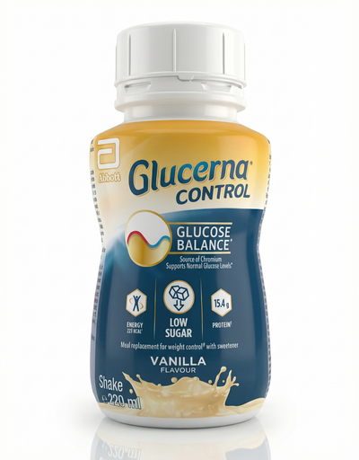 Glucerna Control Vanilla Flavour shake bottle on a white background
