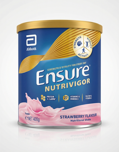 "Ensure NutriVigor Strawberry Flavour 400g protein and HMB nutritional shake powder can by Abbott"
